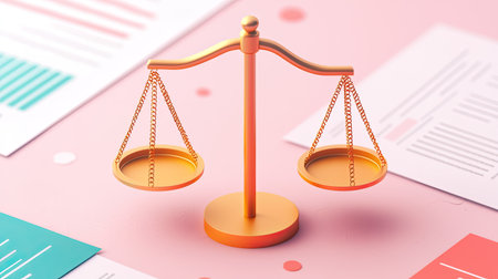 A colorful balance scale on a pink background, surrounded by documents, symbolizing justice and legal matters.の素材