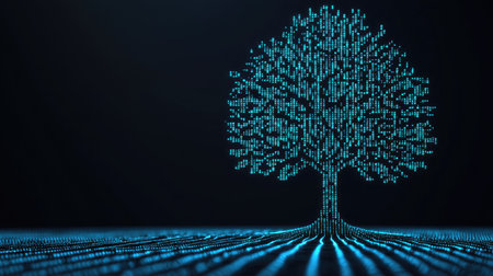 A digital representation of a tree made of binary code, symbolizing the intersection of nature and technology in a dark, futuristic setting.の素材