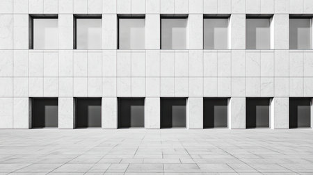 A minimalist architectural facade featuring a series of uniform windows and doors set against a smooth concrete surface.の素材