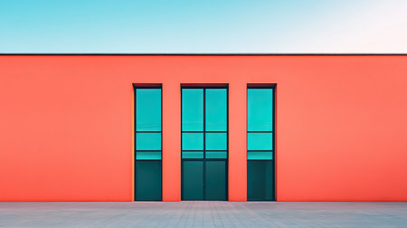 A vibrant coral wall features three tall, turquoise windows, set against a clear sky, creating a striking contrast and modern aesthetic.の素材