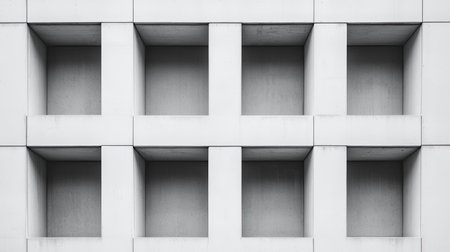 A minimalist concrete wall featuring a grid of recessed square openings, emphasizing geometric shapes and textures in a modern architectural style.の素材