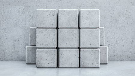 A geometric arrangement of concrete cubes stacked against a plain wall, creating a minimalist aesthetic.の素材