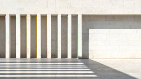 A minimalist architectural scene featuring concrete walls, vertical lines, and shadows cast by sunlight.の素材