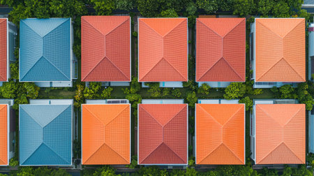 Aerial view of colorful rooftops arranged in a grid, surrounded by lush greenery, showcasing a harmonious blend of architecture and nature.の素材