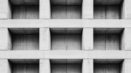 A close-up view of a concrete wall featuring a grid pattern of rectangular openings, showcasing a modern architectural design.の素材