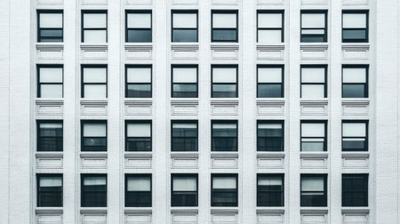 A symmetrical building facade featuring a grid of windows against a light-colored wall, showcasing a minimalist architectural style.の素材