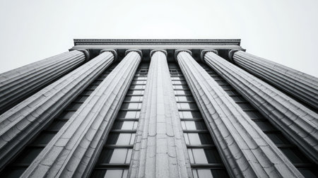 A dramatic low-angle view of towering columns showcases classic architectural elegance in monochrome tones.の素材