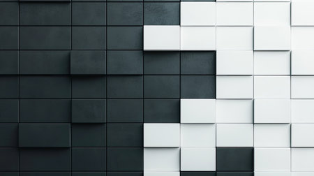 A modern abstract design featuring a wall of alternating black and white cubes, creating a visually striking contrast.の素材