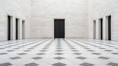 A minimalist interior space featuring a patterned floor and multiple doorways, creating a sense of depth and symmetry.の素材