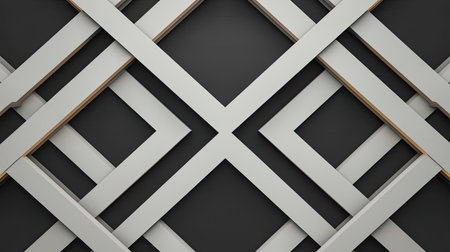 A geometrically patterned design with intersecting lines and shapes in neutral colors against a dark background.の素材