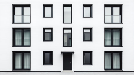 A modern white building facade featuring black framed windows and a central door, creating a minimalist architectural design.の素材