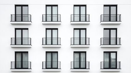 A minimalist facade featuring nine identical windows with black frames and balconies against a white wall.の素材