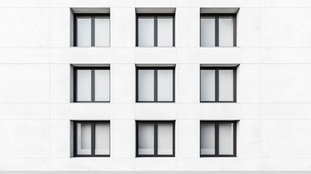 A minimalist building facade featuring a grid of six rectangular windows against a plain white wall.の素材