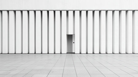 A minimalist white wall with vertical columns and a small door, creating a stark contrast in a serene architectural setting.の素材