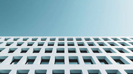 A modern building facade with a grid pattern, featuring square windows against a clear blue sky, conveying simplicity and elegance.の素材