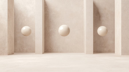 A minimalist interior featuring textured walls and spherical elements, creating a serene and modern aesthetic.の素材