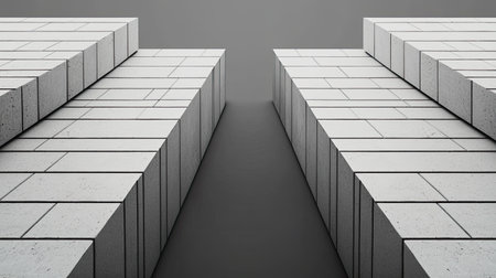 A modern architectural design featuring parallel concrete blocks creating a narrow pathway, emphasizing symmetry and minimalism in a sleek environment.の素材