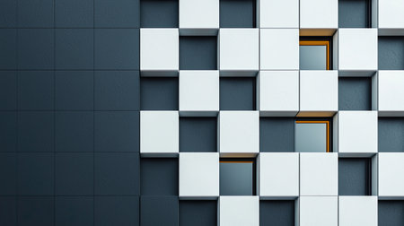 A modern architectural wall featuring a grid of white and gray panels, creating a stylish, geometric pattern with a touch of orange accents.の素材