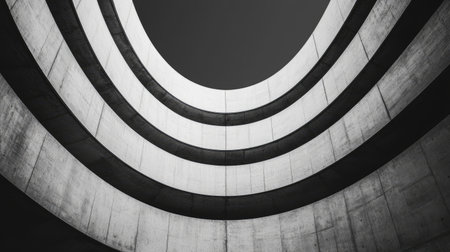 A striking black and white architectural view from below, showcasing curved concrete lines and shapes against a dark backdrop.の素材