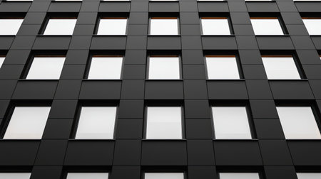 A close-up view of a modern building facade featuring dark panels and a grid of rectangular windows, emphasizing geometric patterns and symmetry.の素材