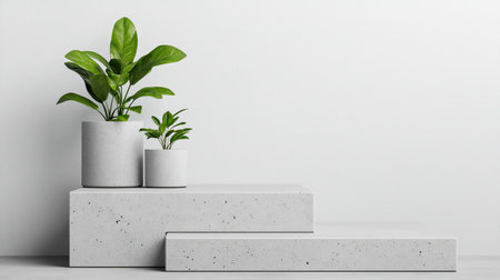 A minimalist display of potted plants on white concrete steps against a plain background, showcasing modern decor and greenery.の素材