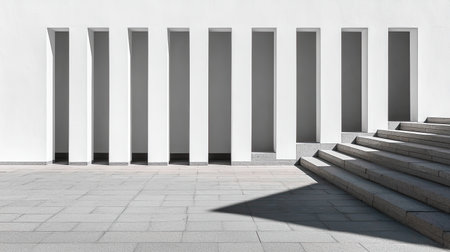 A minimalist architectural scene featuring white walls, vertical openings, and a stepped stone pathway, highlighting simplicity and modern design.の素材