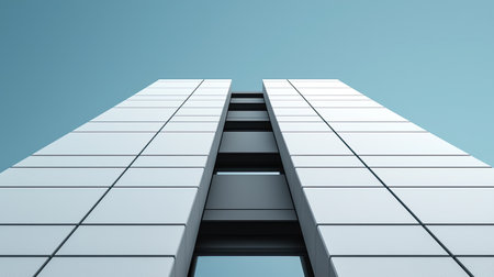 A modern, minimalist building viewed from below, showcasing its sleek lines and reflective surfaces against a clear blue sky.の素材