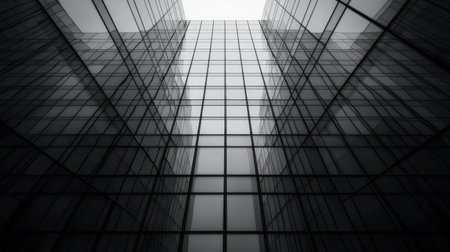 A dramatic perspective of a glass building, showcasing vertical lines and reflections, creating a modern architectural vibe.の素材