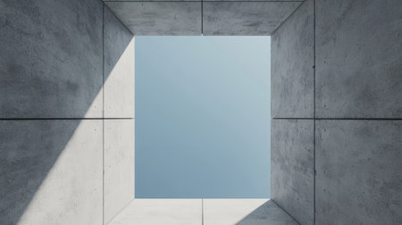 A minimalist view of a square opening in a concrete structure, showcasing a clear sky above, accented by geometric shadows.の素材