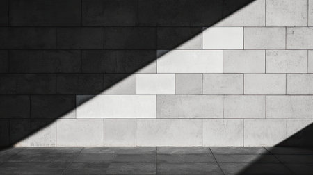 A minimalist wall featuring contrasting black and white blocks, highlighted by a diagonal beam of light creating depth and texture.の素材