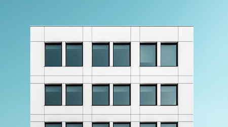 A modern building facade featuring a grid of windows against a clear blue sky, showcasing minimalist architectural design.の素材