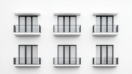 A modern facade featuring six identical windows with balconies, showcasing minimalistic design and a clean, white exterior.の素材