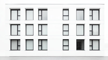 A minimalist building facade featuring a grid of white walls and black-framed windows, creating a modern and clean architectural aesthetic.の素材