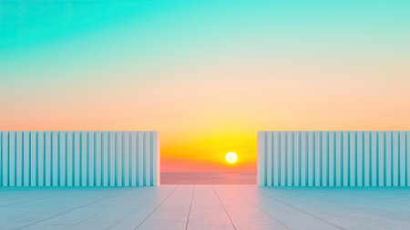 A serene sunrise scene with pastel colors, featuring two white vertical structures framing the horizon and a tranquil ocean view.の素材