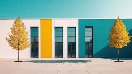 A modern building facade with colorful sections, framed by vibrant trees under a clear blue sky, creating a striking visual contrast.の素材