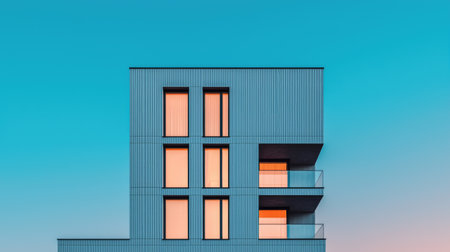 A modern building with a sleek design, featuring blue panels and warm-toned windows against a clear sky backdrop.の素材