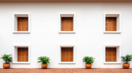 A minimalist wall with five wooden shuttered windows, flanked by green potted plants, creates a serene and balanced aesthetic.の素材