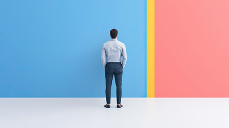 A man stands facing a vibrant wall divided into blue, pink, and yellow sections, symbolizing choice and contemplation.の素材