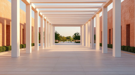 A serene architectural corridor with pillars, leading towards a scenic view, highlighting modern design and natural light.の素材