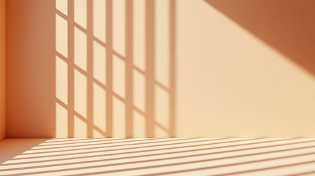 A minimalist interior scene with soft peach walls, showcasing dramatic shadows created by light filtering through a grid pattern.の素材