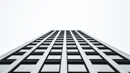 A striking upward view of a modern building with a minimalist facade, showcasing rows of windows against a pale sky.の素材