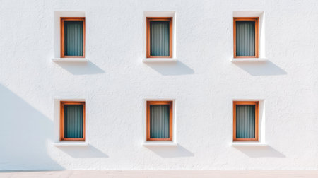 A minimalist wall featuring five evenly spaced windows, framed in wood, casting shadows on a smooth, white surface.の素材