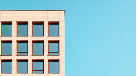 A modern building facade with symmetrical windows against a clear blue sky, showcasing contemporary architectural design.の素材