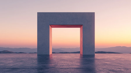A modern, minimalistic structure stands against a serene sunset backdrop, creating a striking visual contrast.の素材