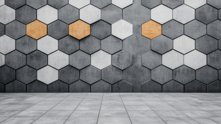 A modern wall featuring a hexagonal pattern with gray and white tiles, accented by a few wooden hexagons, creating a stylish industrial look.の素材