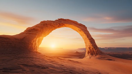 A stunning natural arch at sunset, showcasing warm hues and a serene desert landscape, creating a breathtaking view of nature"s beauty.の素材