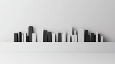 A minimalist city skyline in black and white, showcasing various building heights against a plain background.の素材