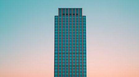 A tall, modern skyscraper with a glass facade stands against a pastel sky, showcasing architectural elegance and urban design.の素材
