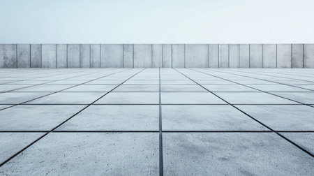 A minimalist concrete surface stretches out towards a horizon of smooth walls, showcasing clean lines and a serene atmosphere.の素材