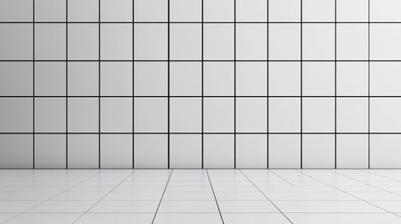 A clean, minimalist wall with a grid pattern and reflective floor, perfect for backgrounds or design elements.の素材